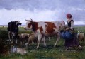 牛と羊の農場生活を持つ農民の女性 リアリズム ジュリアン・デュプレ